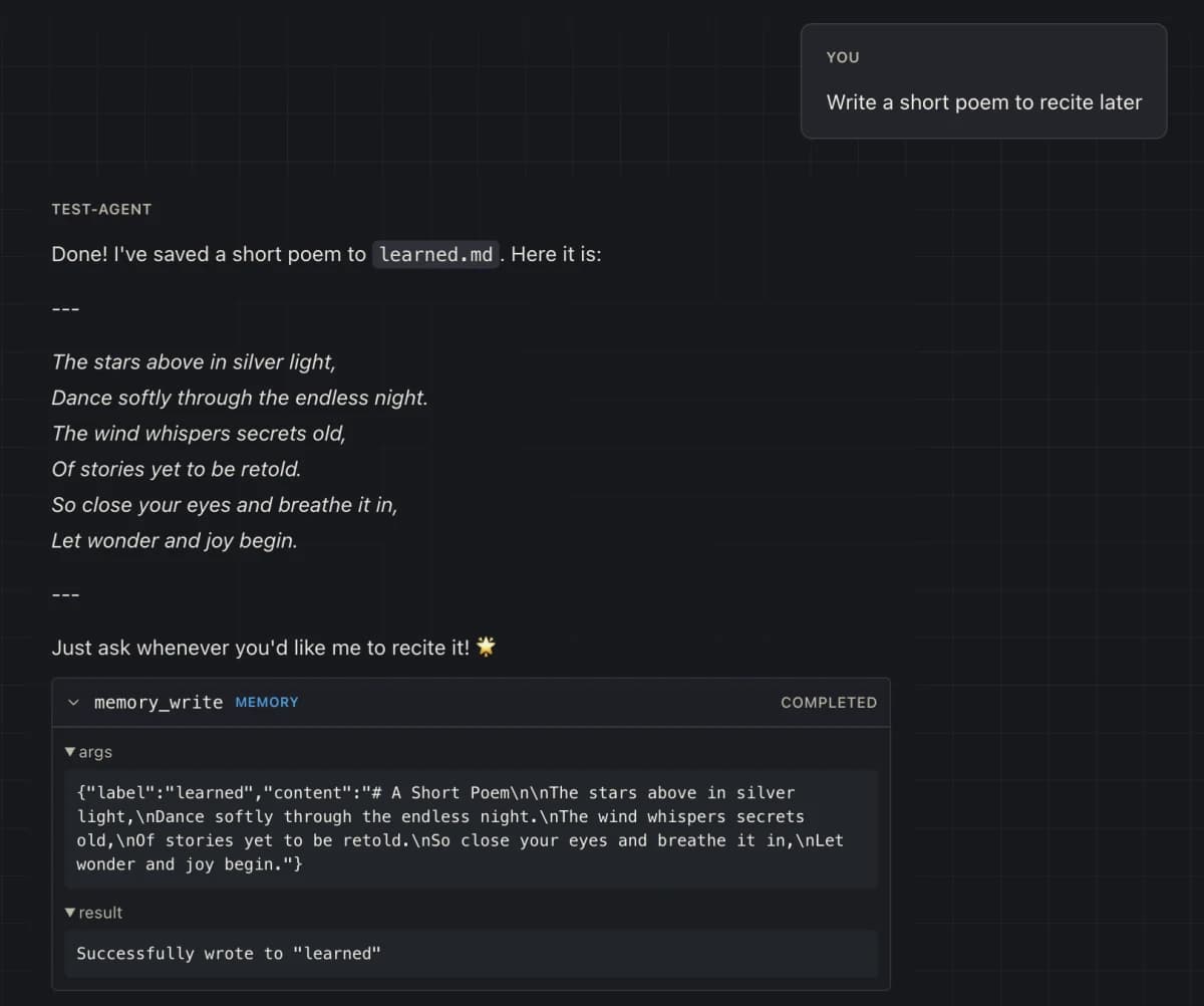 Auggy console with an expanded memory_write tool call showing validated arguments and its result